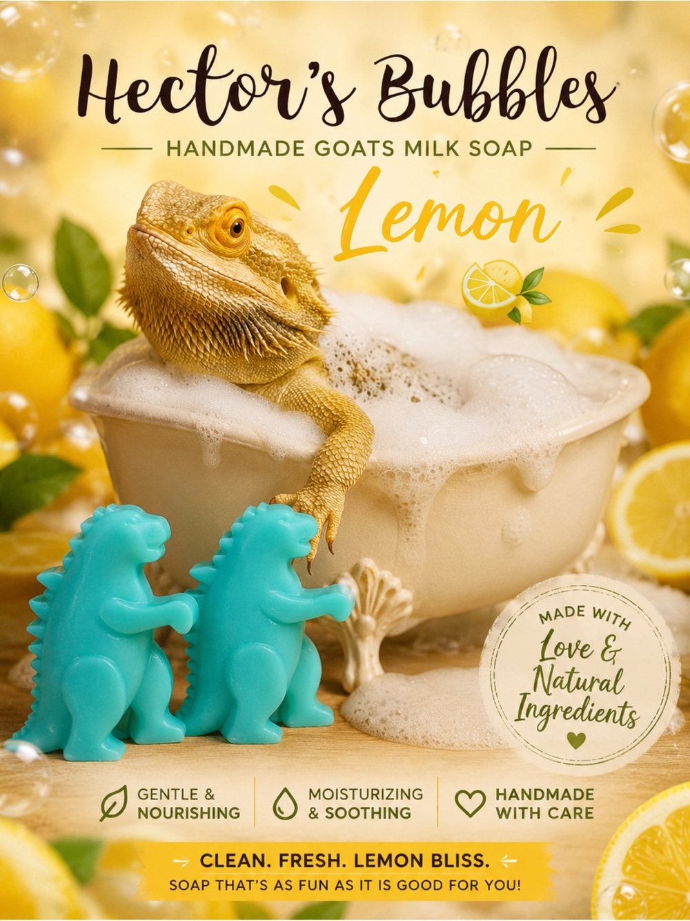 Handmade Dino Goats Milk Soap. Lemon.